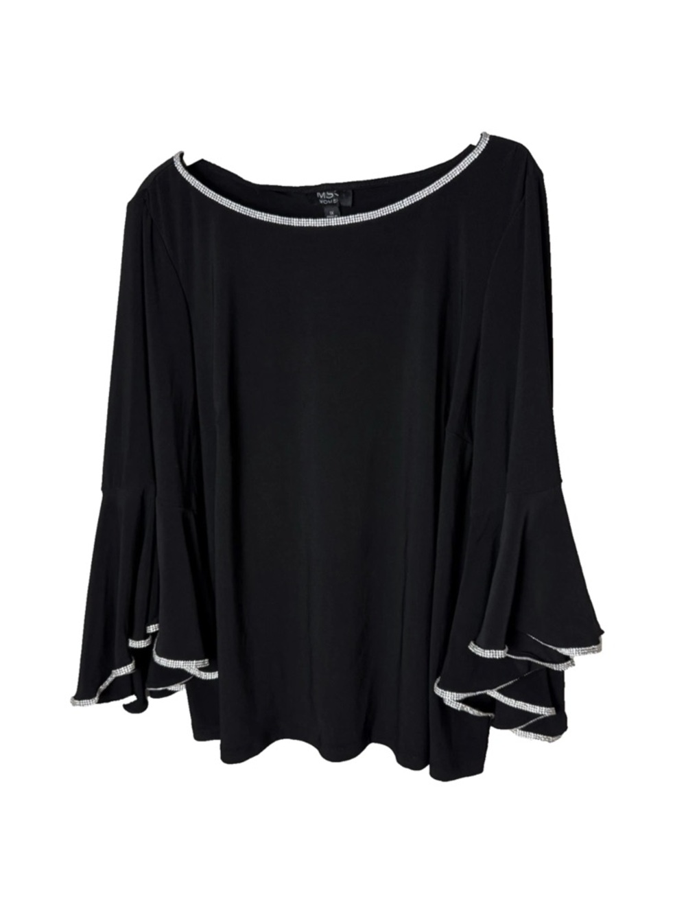 New without Tags MSK Rhinestone Trim Bell Sleeve Blouse Black Silver Size XL